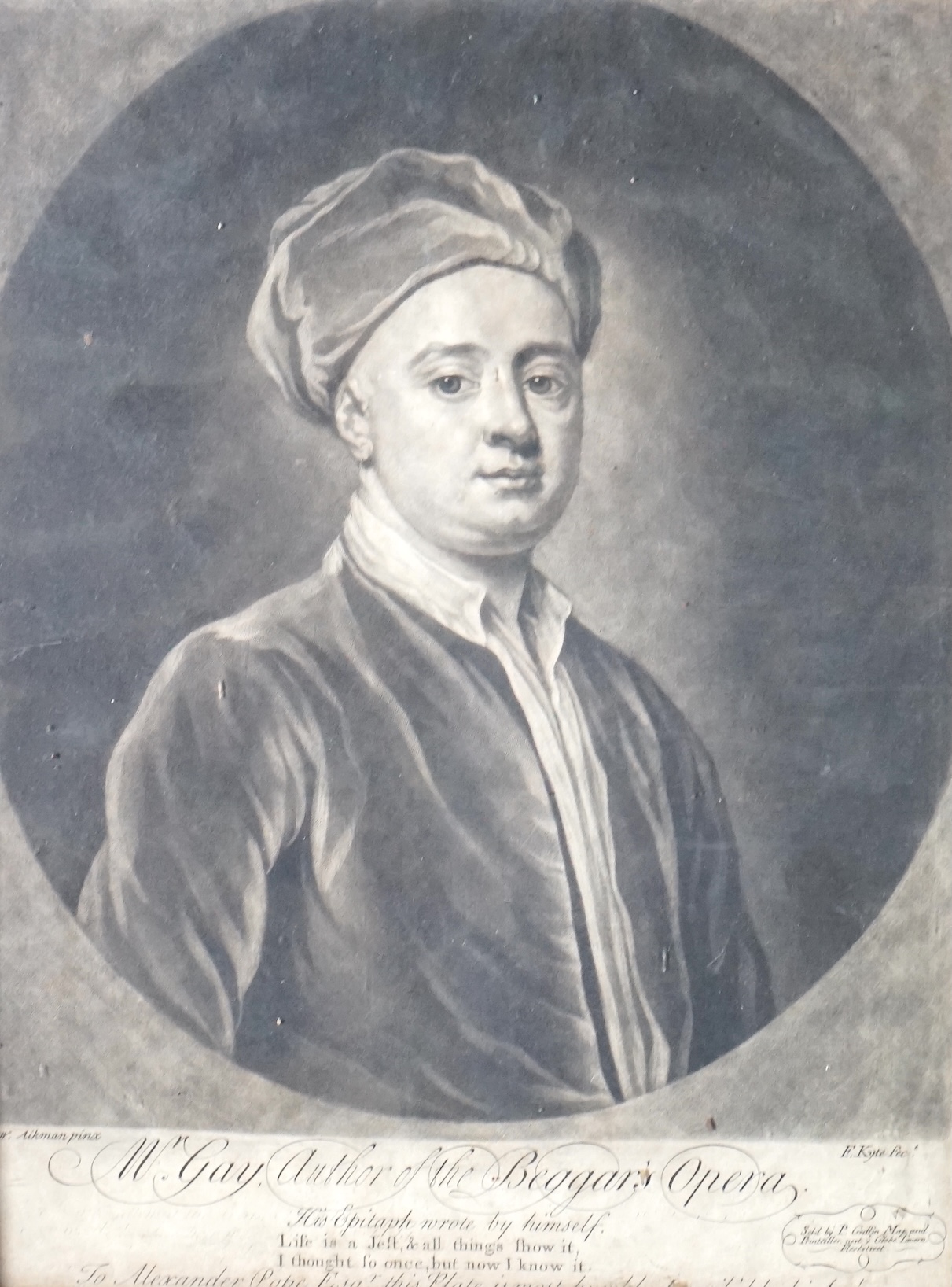 Dixon after Sir Joshua Reynolds Henry Earl of Pembroke & Montgomery 1772, mezzotint 46 x 33cm, and Kyte after Aikman, mezzotint, Mr Gay, author of The Beggar's Opera, 35 x 26cm. Condition - both with some fairly even dis